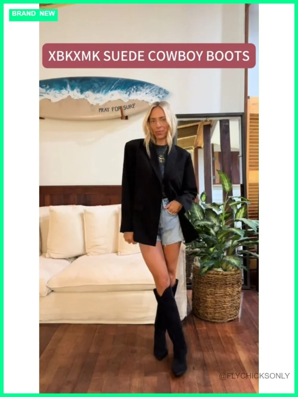 Suede Cowboy Boots Pointed Toe Chunky Heels Knee High Pull On